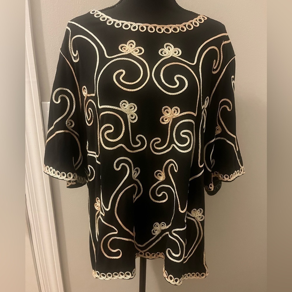 Vintage Carole Little Womens Sz 2X Boho Luxe Embroidered Top Folkcore Romantic